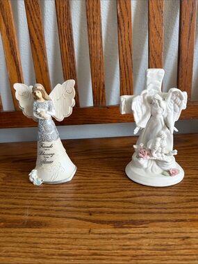White Ceramic Angel Sculpture with Pink Rose Accents - Brand Unknown